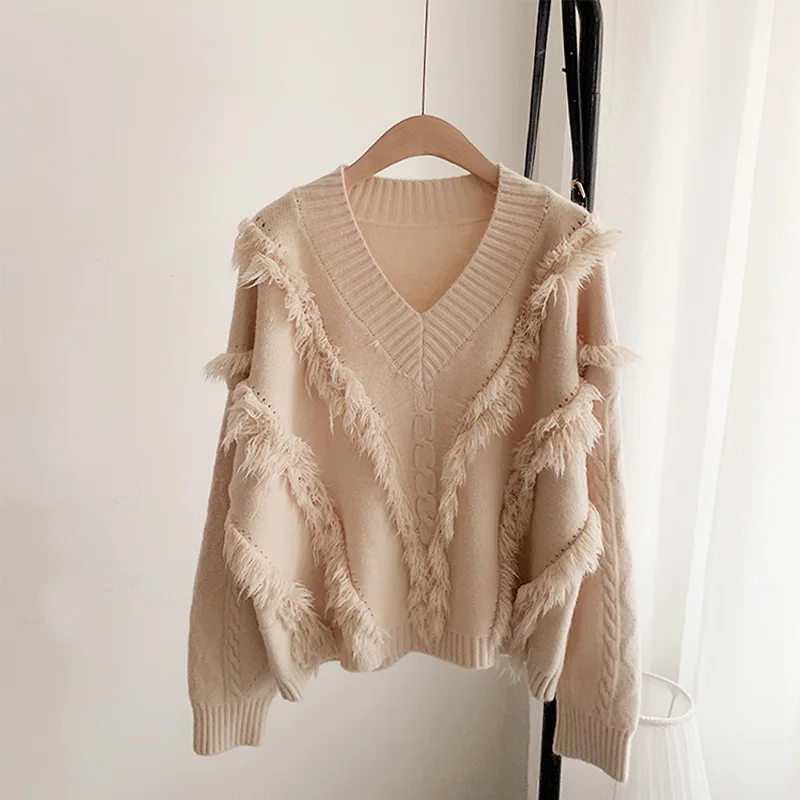 2019 Autumn Winter Women Sweater New Year V Neck Tassel Loose Knitted Pullover Oversized | Женская одежда