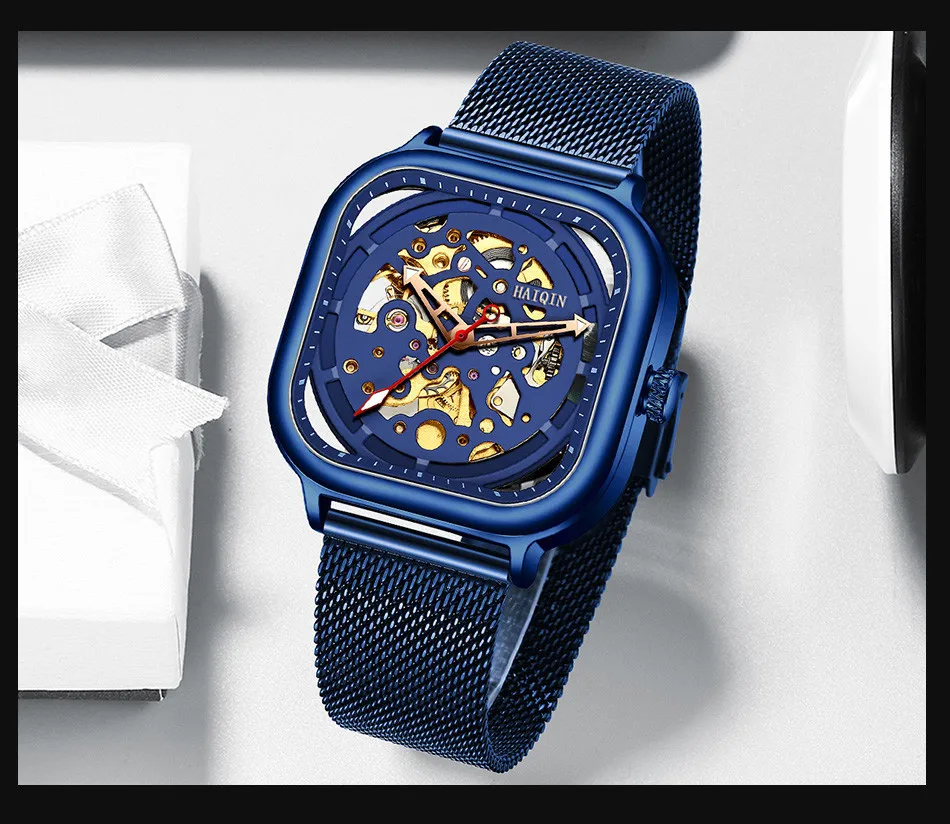 Для мужчин s часы Лидирующий бренд бизнес HAIQIN новые автоматические механические часы мужские водонепроницаемые Lumnious синий сетчатый ремешок Relogio Masculino