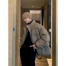 

Autumn Winter Quilted Coats Down Jacket Men Plaid Print Zipper Padded Jackets Korean Fashion Harajuku Trend Warm Women Clothing