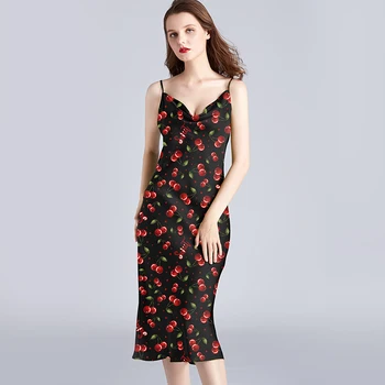 

2020 Women's Fashion Suspender Nightdress Cherry Print Ice Silk Sexy Elegant and Cute Long Skirt Can Be Worn Outside