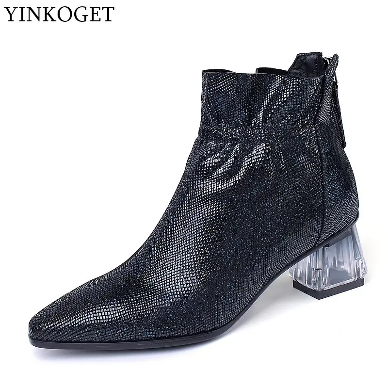 

ALLBITEFO crystal heel genuine leather brand high heels ankle boots for women winter snow martin boots thick heel women boots