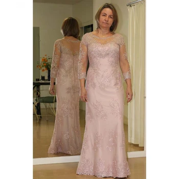 

Illusion Mother Of The Bride Dresses Plus Size Scoop Neck Lace Applique Tulle 3/4 Sleeves Groom Mother Wedding Party Dress