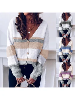 

Women Sweater Cardigan Casual Sexy Striped Full Length Sleeve Single Breasted Gray Pink Green Blue Sweaters For Women