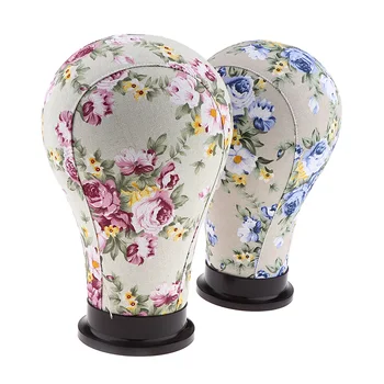 

2PCS Canvas Block Dome Head Mannequin Head with Flower Pattern + Mount Hole for Hair Extension/Lace Wigs