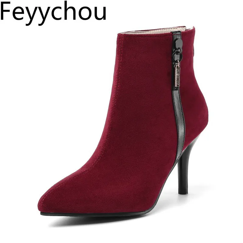 Женские ботинки Осень зима теплые ботильоны из флока на высоком каблуке с острым