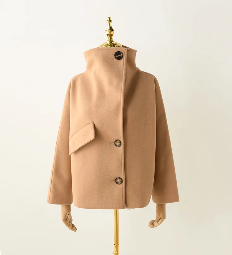 Брендовая модная женская Высококачественная Роскошная зимняя короткая шерстяная куртка цвета хаки с рукавами «летучая мышь»