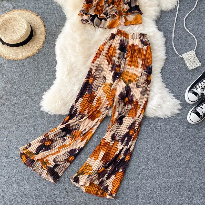 Printed Short Top Pleated High-Waist Wide-Leg Pants Two-Piece Set ...