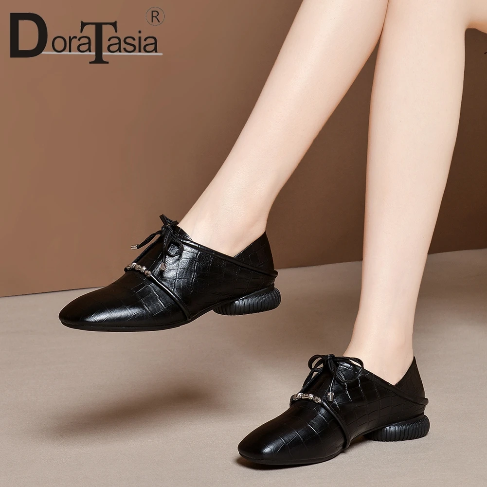 

DORATASIA Brand Fashion Lady Flats Spring Consise Career Office Flats Women Lace Up Square Toe Genuine Leather Shoes Woman