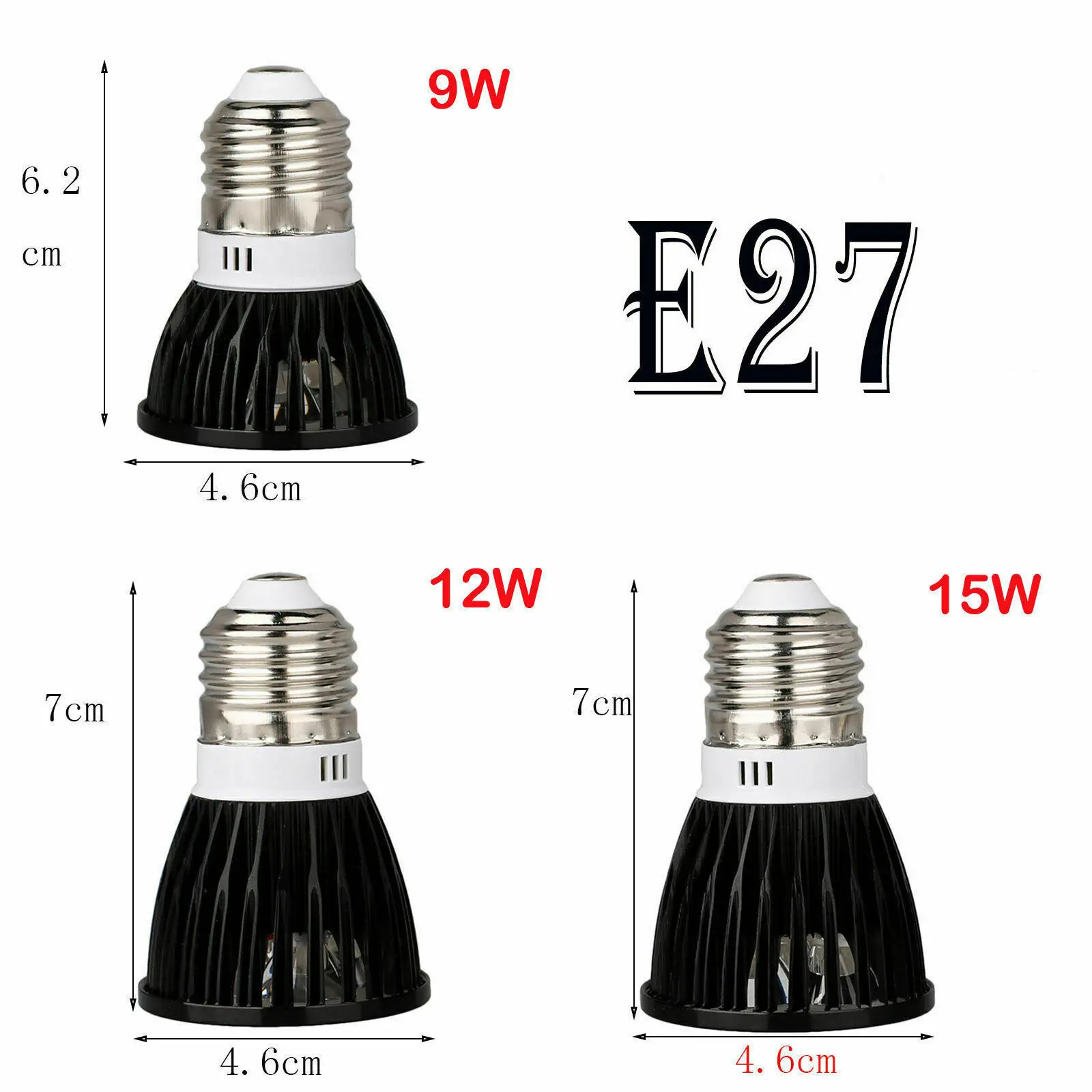 Description Picture 4 of itemDimmable Black LED Spotlight E26 E27 E14 GU10 MR16 GU5.3 9W 12W 15W Lamp Bulb Lighting AC 85-265V 110V 220V DC 12V LED Lampada