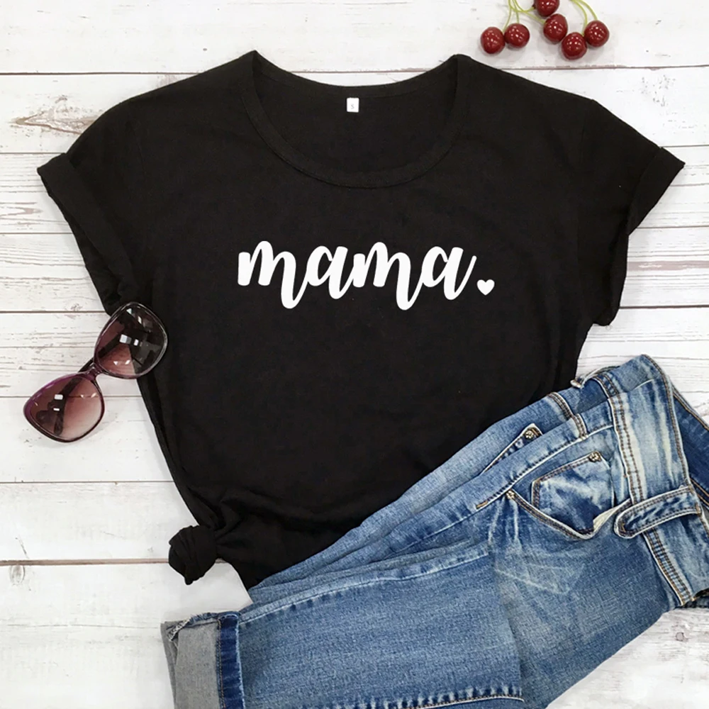 Футболка из хлопка с надписью «Mama Heart», повседневные женские футболки с коротким рукавом и графикой «Mom Life», милые футболки в подарок на день матери, Прямая поставка - Цвет: black-white text