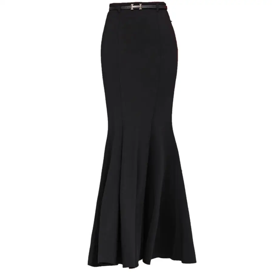 Spring Vintage Black Long Mermaid Skirt Women Elegant Package Hip Trumpet Skirts With Free Belt