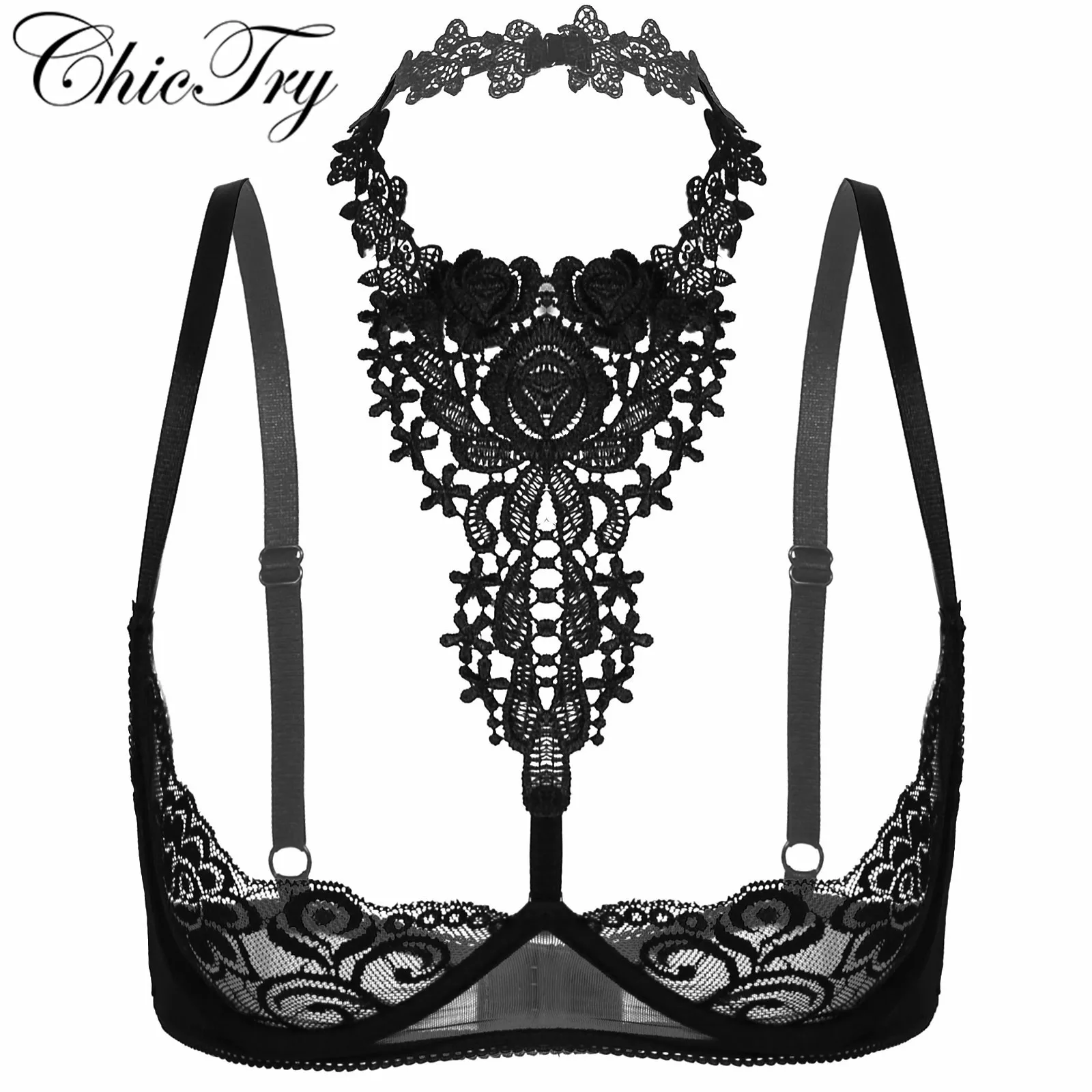 Womens Sissy Lace Exotic Bra Tops Sexy Underwear Intimates Bare Exposed Breasts Shelf Tie Open Cup Push Up Underwire Bra Tops