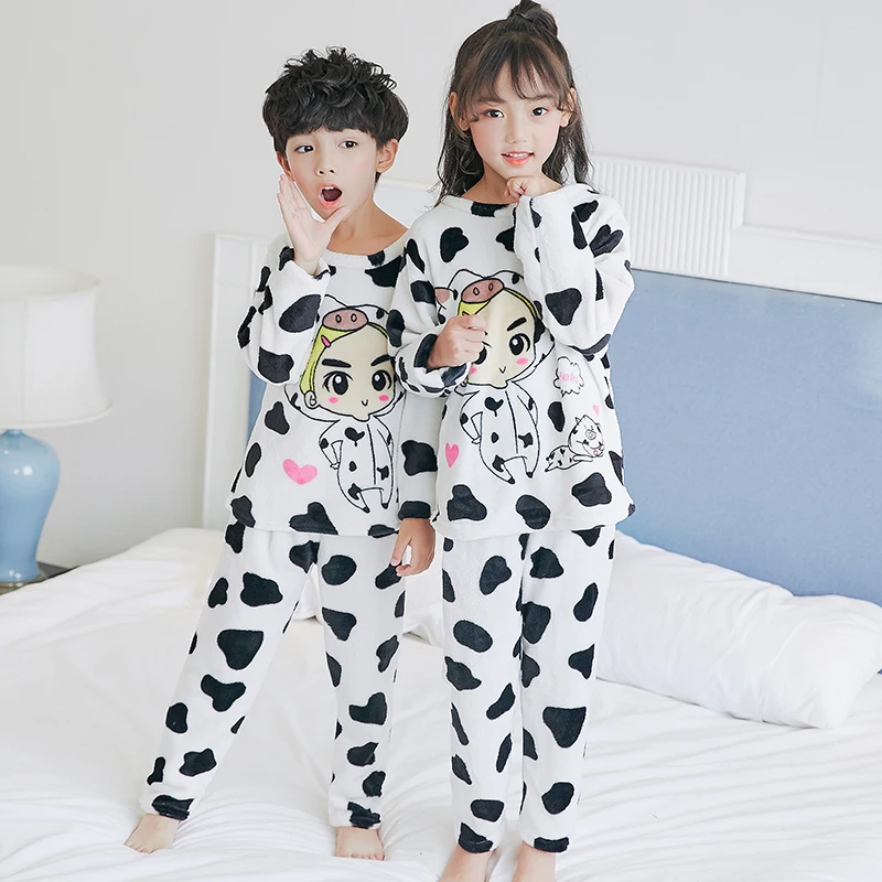Winter Children Warm Pajamas Thicken Flannel Sleepwear Girls Loungewear Cartoon Coral Fleece Kids Pijamas Suit Casual Homewear - Цвет: R B nai niu