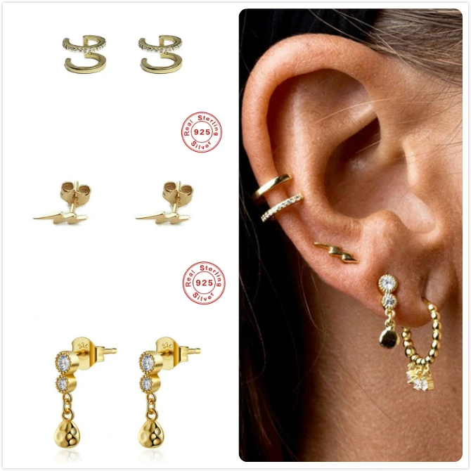 925 пробы серебряные серьги для женщин золотые маленькие циркониевые серьги для девушек Ушная кость шпилька-Сережка для пирсинга женские кисточки aretes R5