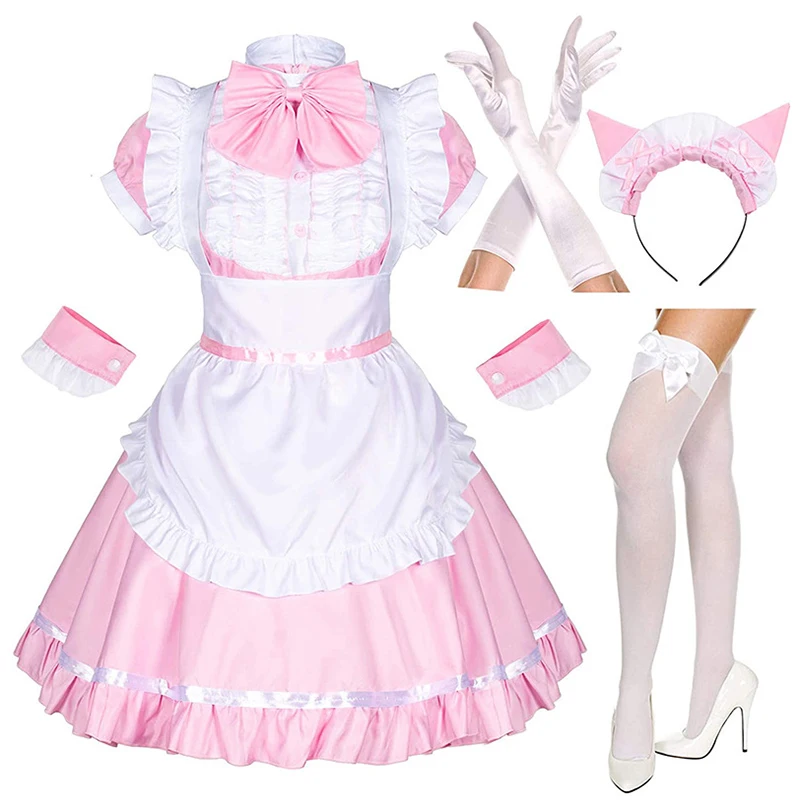 Women's Cat Ear French Maid Costume with Apron 5 Pieces Fancy Lolita Dresses Japanese Kawai Anime Maid Halloween Cosplay Outfit