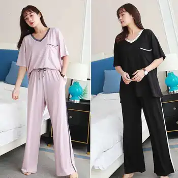 

Women's Pajamas Summer Thin Loose Home Wear V-neck Short-sleeved Trousers Simple and Fashionable Two-piece Suit Cotton Pajamas