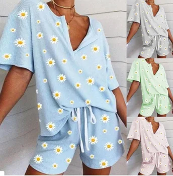 

2021 New Fashion Daisy Pajama Set Women Short Sleeve Sun Flower Printed Tshirt Drawstring Waist Shorts Summer Pjs Sets Outfits