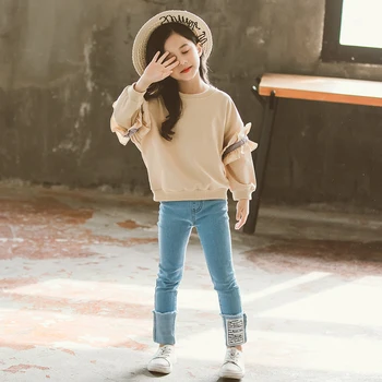 

New Lace Sleeve Denim Girls Sets 3-13 years old Solid O-Neck Full Spring and Autumn Children's Clothing Kids Clothes Two-pieces