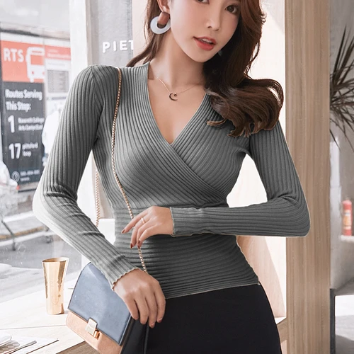 Dark Gray Повседневные однотонные пуловеры, облегающие Женские топы с длинным рукавом и v-образным вырезом, вязаные свитера, Осень-зима, модные женские свитера 6375 50 - Цвет: Dark Gray