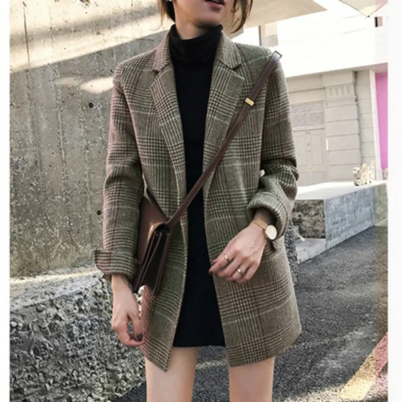 Kopen 2019 Nieuwe Vrouwen Mode Plaid Blazers Pak Dames Herfst Winter Plaid Losse Retro Plaid Wollen Jasje Jassen Vrouwelijke Outcoats