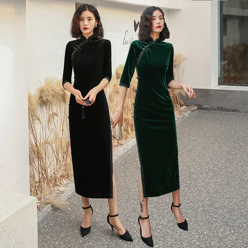 Элегантный зеленый бархат женский Qipao сексуальный тонкий высокий разрез длинный Cheongsam классический винтажный на пуговицах Половина Рукава Vestidos размера плюс 4XL