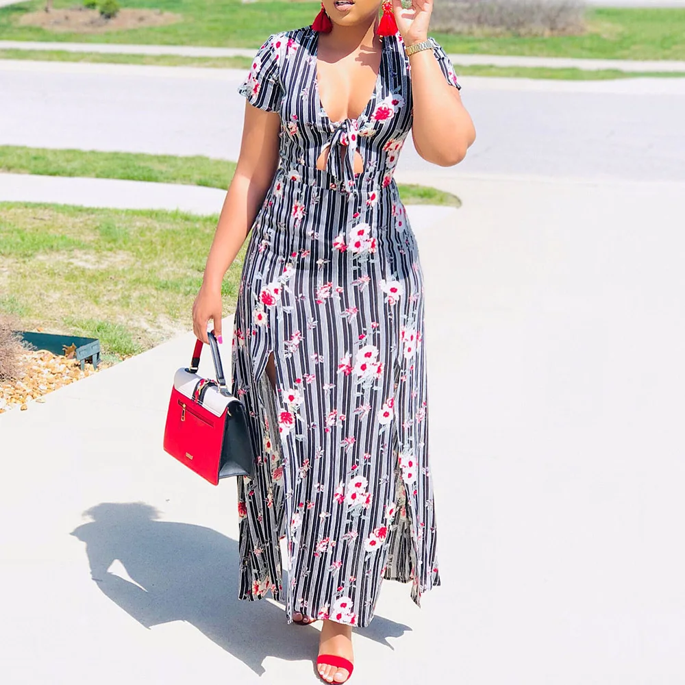 African Floral Print Sexy Long Dress Women Elegant Party Vintage Robe Gray Stripe Dinner Maxi Dresses Trips Casual Vestidos | Свадьбы и