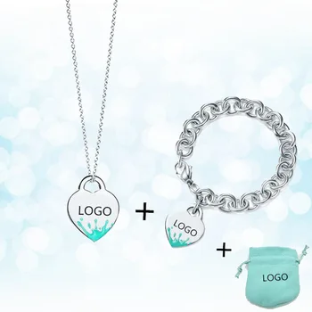 

Sterling Silver 925 Classic Fashion Exclusive Blue Enamel Water Splash Heart Shaped Lady Necklace Set Holiday Gift