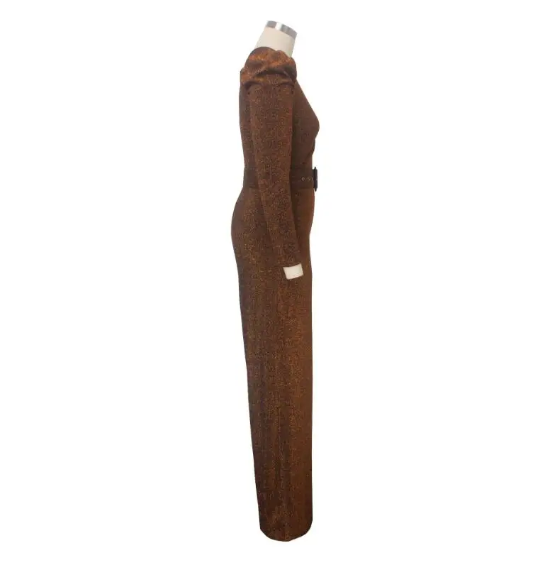 Блестящий Комбинезон с глубоким v-образным вырезом и широкими штанинами для женщин, свободный элегантный комбинезон с длинным рукавом и поясом, вечерние комбинезоны для ночного клуба, Femme