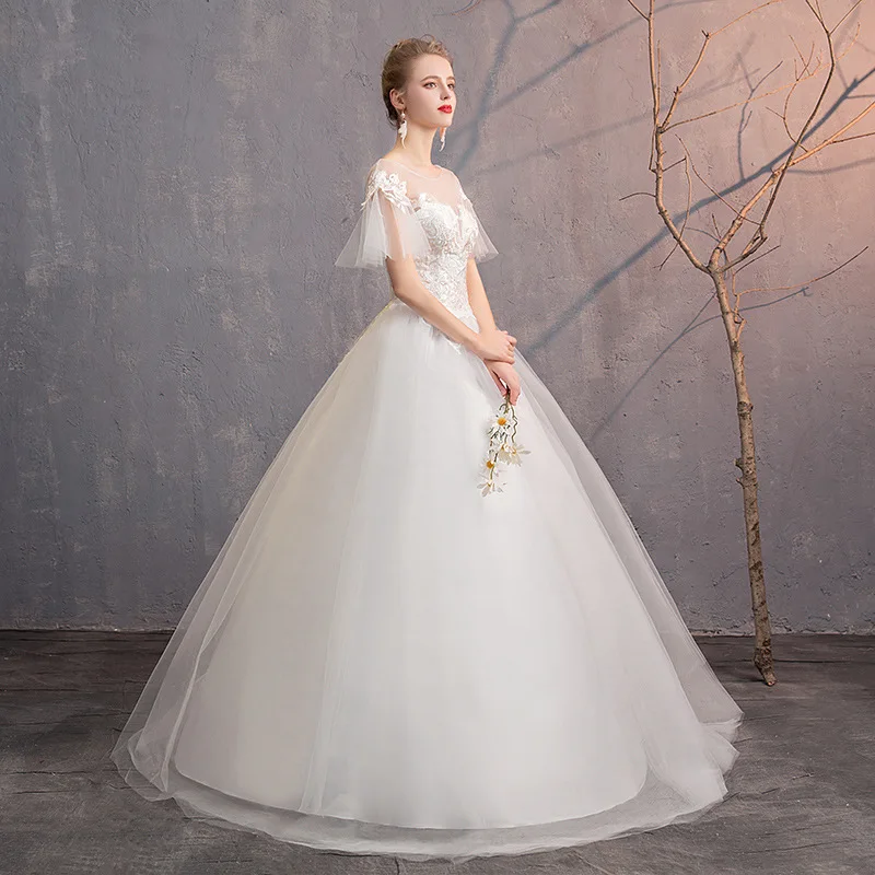 Robe De Mariee свадебное платье с иллюзией бальное платье с круглым вырезом и коротким рукавом на шнуровке свадебное платье с аппликацией для невесты Gelinlik