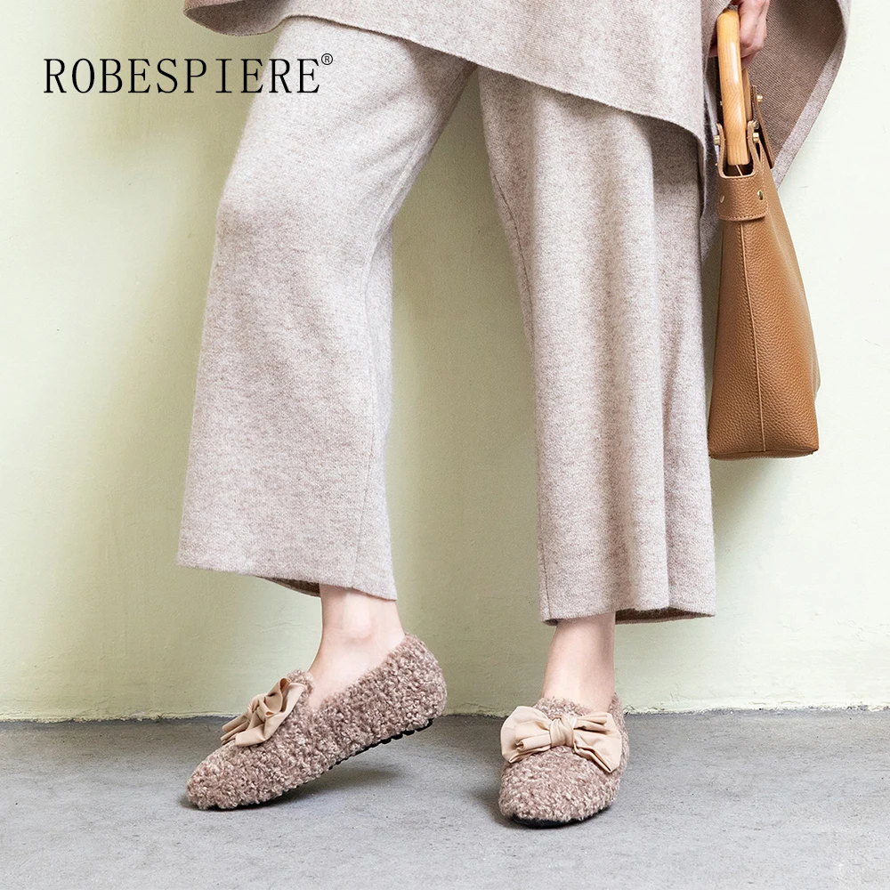 ROBESPIERE/Женская обувь; Натуральная шерсть; женские лоферы с бантом; обувь без шнуровки на меху для отдыха; зимние теплые женские туфли на плоской подошве; A110