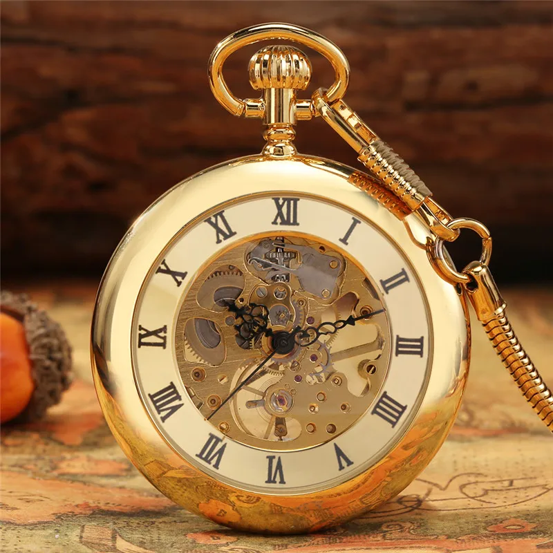 Luxury Yellow Golden Skeleton Display Men Women Handwind Mechanical Pocket Watch Open Face Roman Numeral FOB Chain
