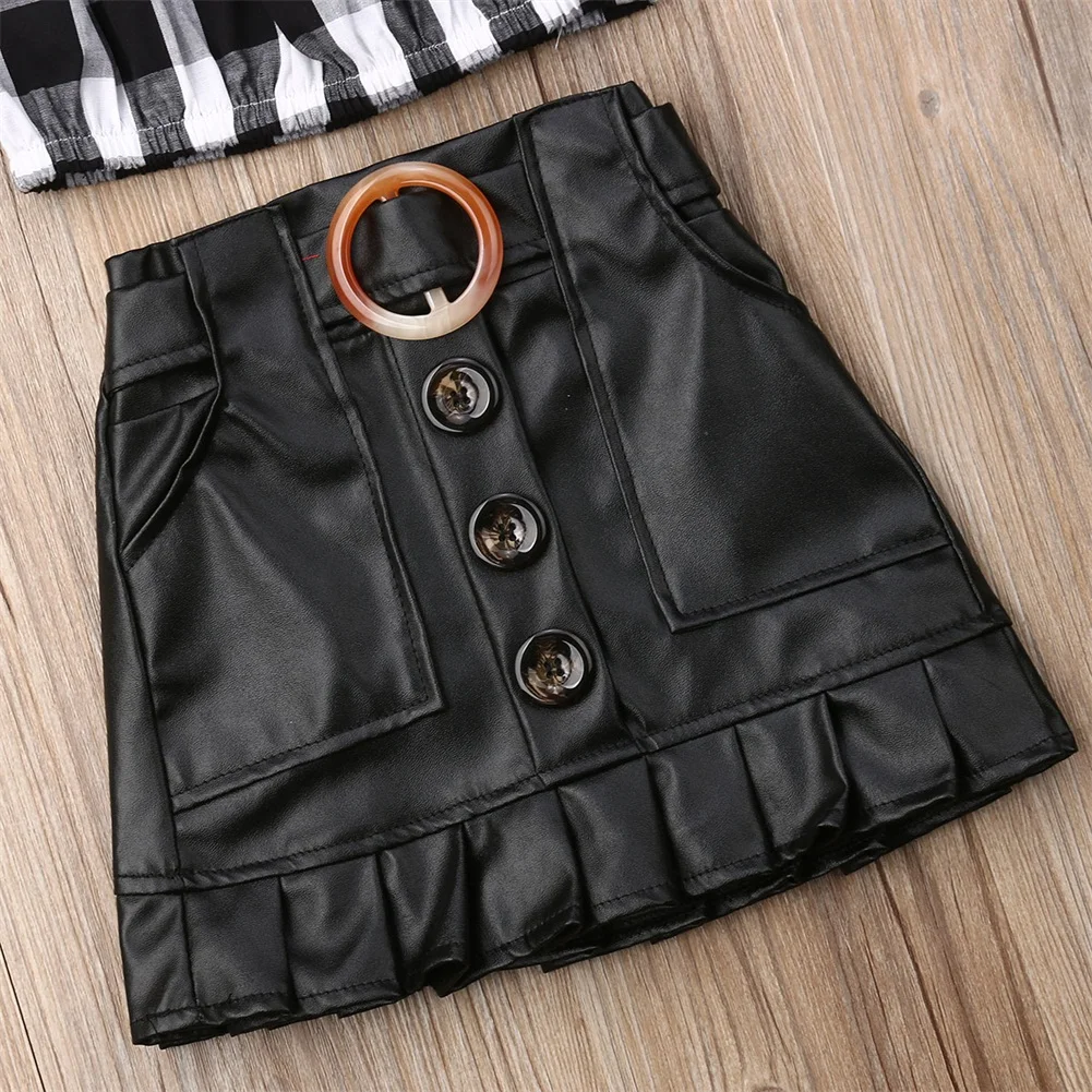 2-7Y комплекты одежды для маленьких девочек, одежда клетчатые футболки с длинными рукавами Топы+ черные кожаные юбки трапециевидной формы