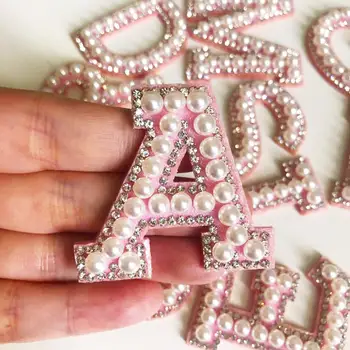 

1Pcs Pink Pearl Rhinestone 3D Letter Iron on Patches English alphabet Beaded Applique Accessories Diy Patch For Clothing Hat