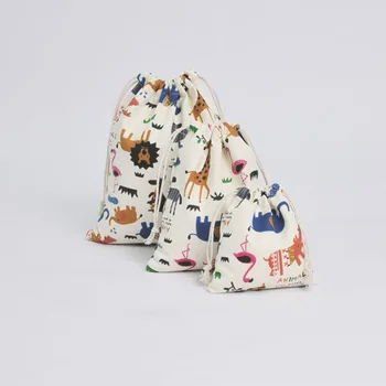 

3 Size Cotton Canvas Gift Bags Cartoon Animal Pattern Candy Drawstring Pouch for Kids Children Birthday Party Favor Package