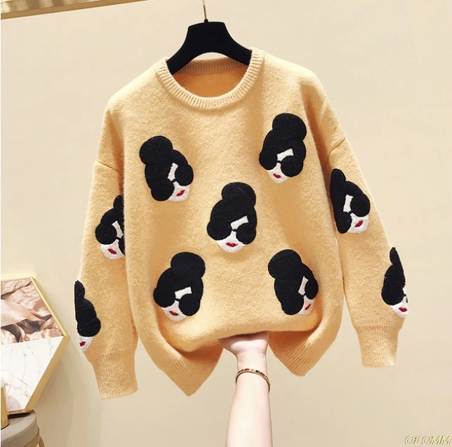 Pull Femme,, зима-осень, большой размер, вязаный свитер для женщин, рукав-фонарик, вышивка, рисунок из мультфильма, плотные пуловеры, джемпер