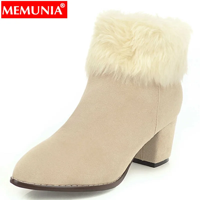 

MEMUNIA large size 34-45 fashion ankle boots round toe zip faux fur autumn winter boots thick high heels ladies prom boots 2020