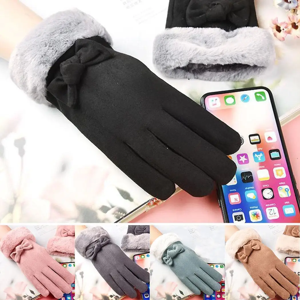 

Women New Fashion Warm Thickening Touch Screen Suede Cute Casual Bow Solid Gloves