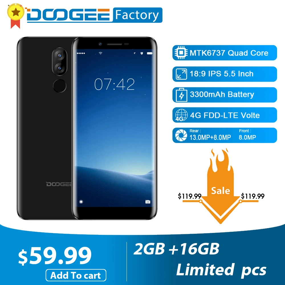 DOOGEE X60L смартфон с 5 5-дюймовым дисплеем четырёхъядерным процессором MTK6737 ОЗУ 2 Гб