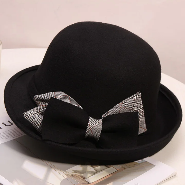 Женские вечерние официальные шляпы fedora, зимние церковные шерстяные фетровые шляпы, асимметричный бант края, шляпа-ведро, шапка для леди 55-58 см