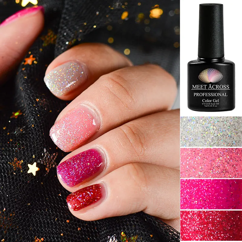 MEET ACROSS 7ml UV Gel Nail Polish Holographic Glitter Sequins Gel Lacquer Semi Permanent Soak Off Nail Art Gel Polish Varnish