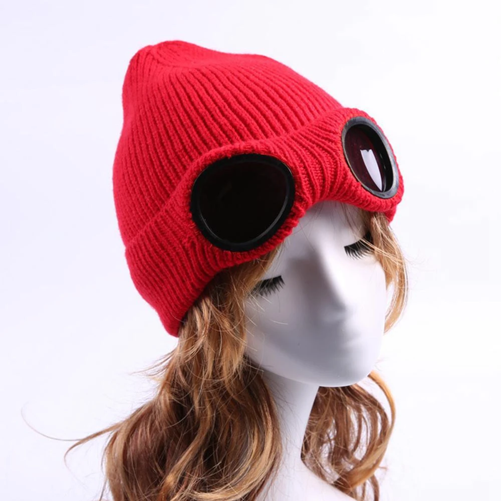 Новинка, зимние шапки бини Skullies, лыжная шапка со съемными очками для мужчин и женщин, зимняя вязаная шапка, крышки-новинки