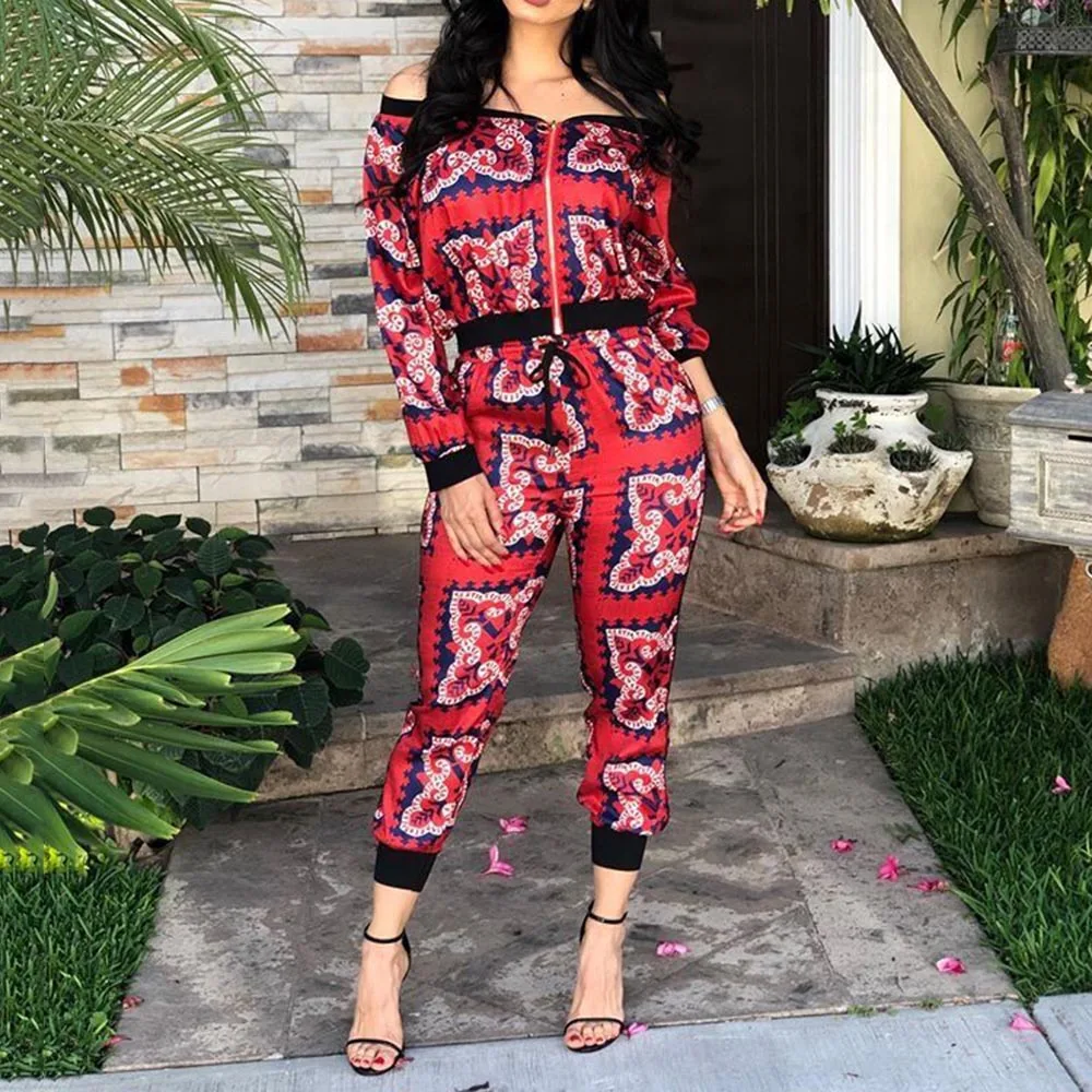 

Fashion Print Tracksuits Sexy Off Shoulder Two Piece Sets Short Jacket Coat Casual Pants Suit Women Sweatsuits Red Yellow 2020