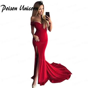 

Simple Red Off the Shoulder Prom Dresses Sexy Open Back Split Special Occasion Formal Gowns vestidos de fiesta largos
