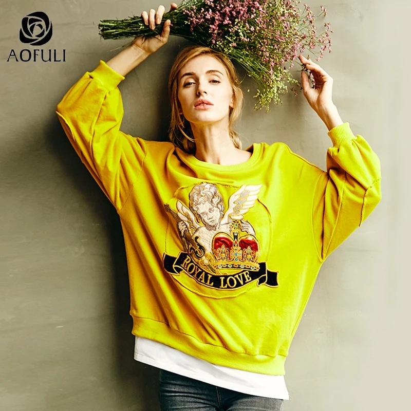 

AOFULI L~ 4XL 5XL Anger pattern patches long batwing sleeve sweatshirt Plus size female autumn tees shirt casual tops A4068