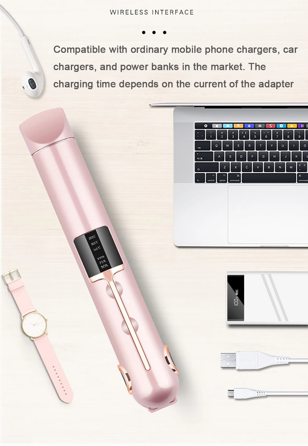 Description Picture 5 of itemUSB Recharging Portable Wireless Hair Straightener with Power Bank Mini Cordless Ceramics Flat Iron Roller Curler Styling Tools