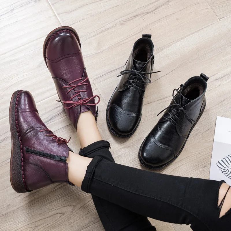 Ceny GKTINOO jesienna koronka z prawdziwej skóry kobiet krótki but buty damskie 2019 zima krótki pluszowy antypoślizgowy boczny zamek błyskawiczny skórzane buty