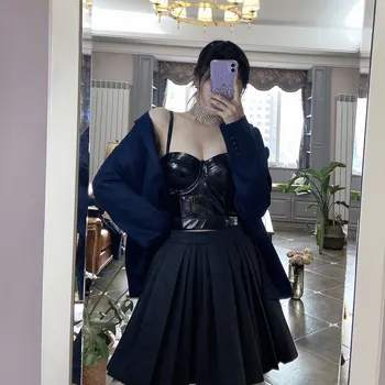 

New leather crocodile grain coat show thin vest, all women are plaid bra strap bras that show hilum