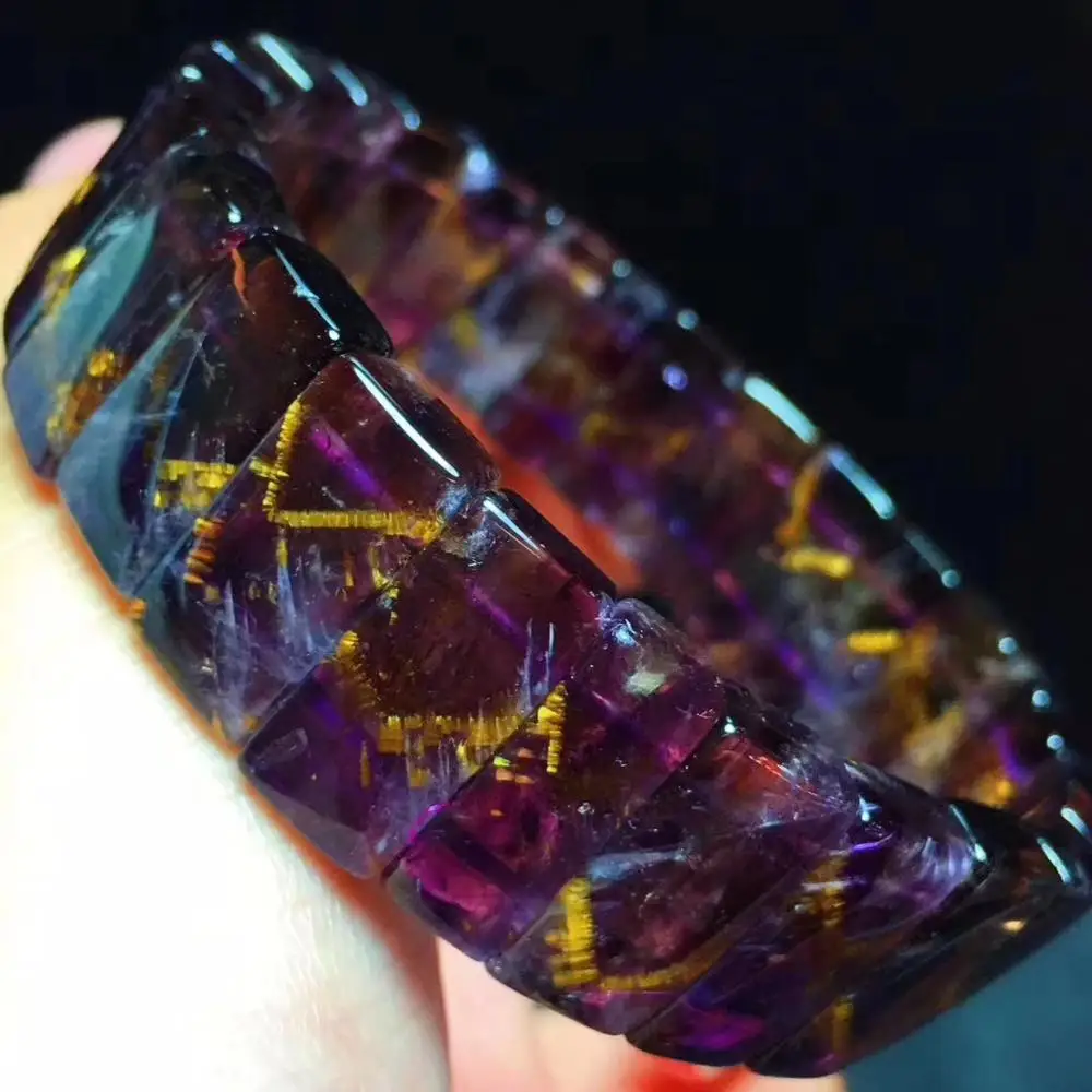 

Top Natural Cacoxenite Purple Rutilated Quartz Rectangle Beads Bracelet Women Men Stretch 18x8mm Crystal Certificate AAAAAA
