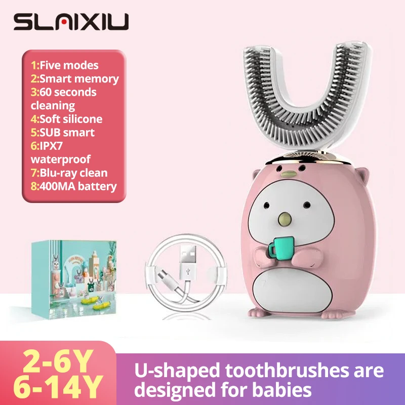 

Kids electric Toothbrush Smart 360 Degrees U Silicon USB Automatic Ultrasonic Teeth Tooth Brush Cartoon Pattern Children