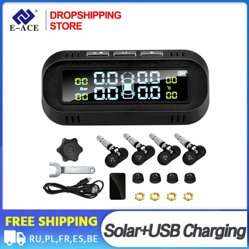 

Dropshipping E-ACE K01 TPMS Tyre Pressure Sensor Tpms Solar Car Alarm System Tire Pressure Monitoring System Black LED Display